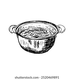 A black and white hand-drawn illustration of a cooking pot with something boiling inside. The sketch features detailed hatching and line work, giving it a rustic and traditional feel. 