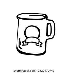 A black and white hand-drawn illustration of a cup with an empty ribbon banner, perfect for adding custom text.