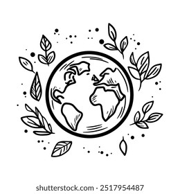 Black and white hand-drawn illustration of Earth surrounded by leaves. Perfect for eco-friendly designs, environmental themes, and nature-related projects.