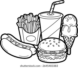 Black and white hand-drawn illustration of fast food items including hotdog, french fries, soda, burger, and ice cream. Simple line art style, isolated on white background.