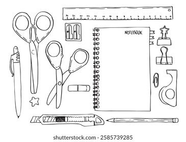 A black and white hand-drawn illustration featuring various school and office supplies, including scissors, notebook, ruler, pen, pencil, tape, and clips.