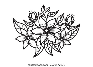 Black and white hand-drawn illustration featuring intricate floral details with flowers, leaves, and organic patterns, perfect for coloring books, graphic design elements, or decorative art purposes.