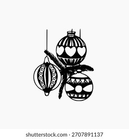Eine handgezeichnete schwarz-weiße Illustration mit drei dekorativen, gemusterten Weihnachtskugeln, die an einer Kiefer oder einem Tannenzweig hängen.
