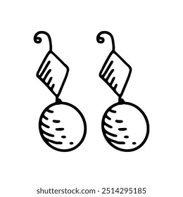 A black and white hand-drawn illustration of a pair of dangling earrings with circular and square elements