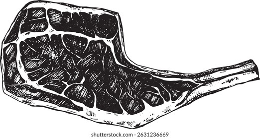 Ilustração desenhada à mão em preto e branco de um bife cru com um osso. Gravura de carne detalhada do estilo vintage.

