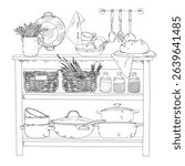 Black and white hand-drawn illustration of a rustic kitchen shelf with baskets, dishes, glass jars, a loaf of bread, cooking utensils and a bouquet of lavender.