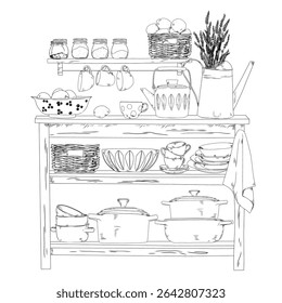 Black and white hand-drawn illustration of a rustic kitchen shelf with baskets, plates, glass jars, pots and cooking utensils.