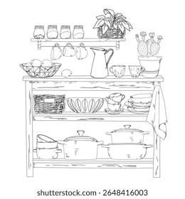 Black and white hand-drawn illustration of a rustic kitchen shelf with a basket, plates, glass jars, pots and cooking utensils.