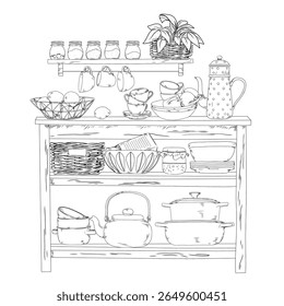 Black and white hand-drawn illustration of a rustic kitchen shelf with a basket, plates, glass jars, pots and cooking utensils.
