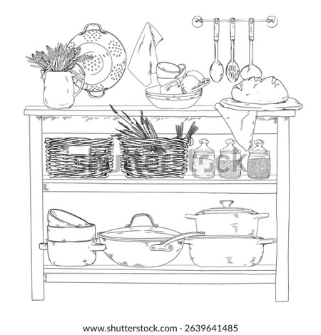 Black and white hand-drawn illustration of a rustic kitchen shelf with baskets, dishes, glass jars, a loaf of bread, cooking utensils and a bouquet of lavender.