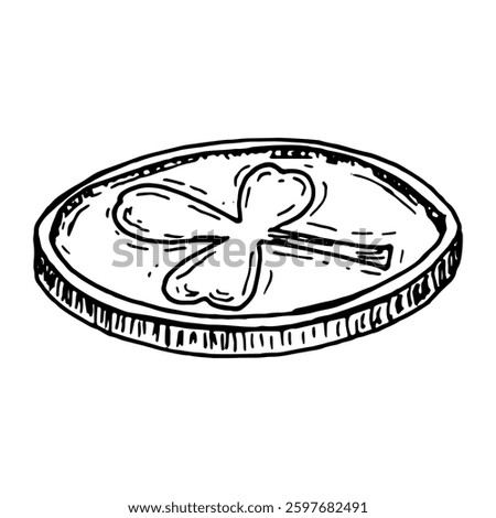 Black and white hand-drawn illustration of a slightly tilted coin featuring a three-leaf clover. A perfect good luck symbol for Irish-themed designs, St. Patrick s Day, casino, and fortune projects