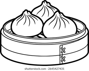Ilustração desenhada à mão em preto e branco de três bolinhos em uma cesta de vapor de bambu. Estilo de arte de linha simples, contornos limpos, isolado no fundo branco, perfeito para uso de vetor ou coloração.