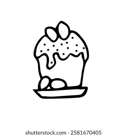 Black and white hand-drawn illustration of a traditional Easter cake with icing, sprinkles, and eggs on a plate. Perfect for coloring books, prints, greeting cards, packaging, and festive designs.