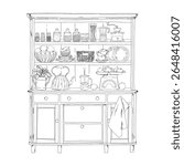 Black and white hand-drawn illustration of a vintage Provence-style kitchen cabinet with crockery, jars, coffee maker, kettle and cooking utensils.