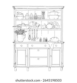 Black and white hand-drawn illustration of a vintage Provence-style kitchen cabinet with dishes, cereal jars, a bouquet of flowers, fresh bread and kitchen utensils.