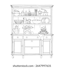 Black and white hand-drawn illustration of a vintage Provence-style kitchen cabinet with dishes, jars, coffee maker, kettle, scales and kitchen utensils.