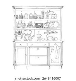 Black and white hand-drawn illustration of a vintage Provence-style kitchen cabinet with crockery, jars, coffee maker, kettle and cooking utensils.