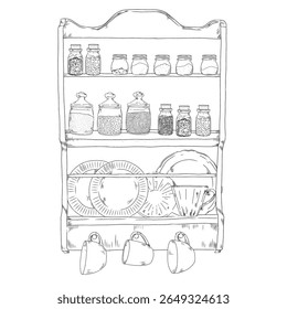 Black and white hand-drawn illustration of a vintage-style wooden kitchen shelf on the wall with spice jars and hanging cups.