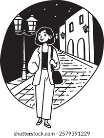 A black and white hand-drawn illustration of a woman walking through a charming city street at night. Street lamps illuminate the cobblestone path, creating a peaceful and nostalgic atmosphere.