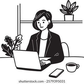 A black and white hand-drawn illustration of a woman working on a laptop in a modern office. She wears a blazer and looks focused. A cup of coffee, a smartphone, and plants decorate the workspace.