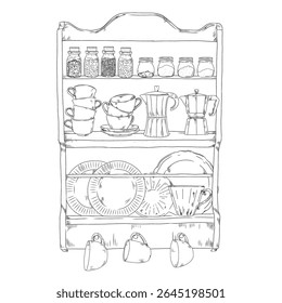 Black and white hand-drawn illustration of a wooden kitchen shelf on the wall in vintage style with spice jars, coffee maker, plates and hanging cups.