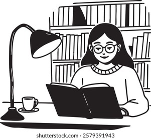 A black and white hand-drawn illustration of a young woman reading a book in a cozy library. She wears glasses and a warm sweater, with bookshelves in the background and a desk lamp providing soft lig