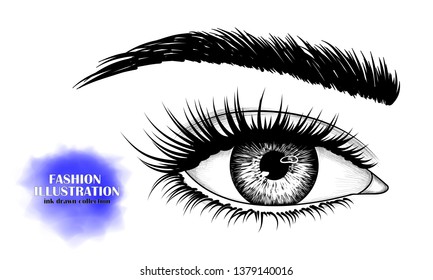 Black and white hand-drawn image of eye with eyebrow and long eyelashes. Fashion illustration. Vector EPS 10.