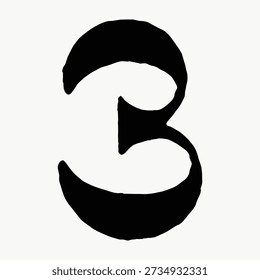 Schwarz-Weiß, handgezeichnet Nummer drei. Künstlerische Nummer drei Illustration. Kühnes, kreatives Design Nummer drei. Einzigartiges, stilisiertes Kunstwerk Nummer drei. Illustrationsvektor für dekorative Schriftarten.