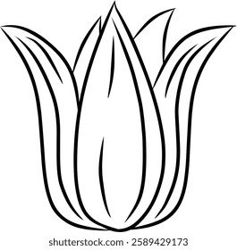 Black and white hand-drawn outline depicting an elegant tulip flower with curving petals, highlighting its natural shape and delicacy, suitable for various design and artistic uses.