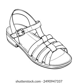 Black and white hand-drawn pencil illustration of women's sandals with a clasp and a low heel.