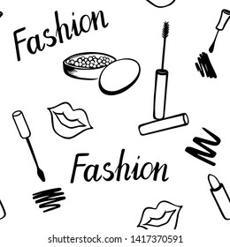 Black and white hand-drawn seamless pattern. Cosmetic. Lipstick, powder, mascara and nail Polish. Fashion vector illustration