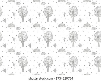 Black and white hand-drawn seamless pattern on the theme of the park, forest and nature. Stylized contour trees, bushes, flowers, clouds and leaves in the Scandinavian style. Endless texture. Vector.