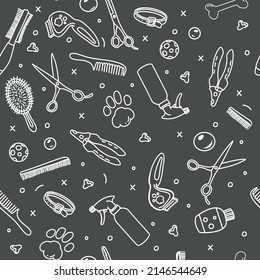 Black And White Hand-drawn Seamless Pattern On The Theme Of Dog Care. Items For Grooming Pets.