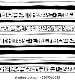 Black white hand-drawn seamless pattern border with symbols similar to Egyptian