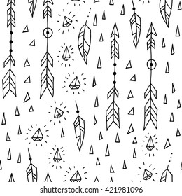 Black and white hand-drawn seamless pattern with arrows, diamonds, triangles and feathers. Cute hipster backdrop. Endless texture. Repeat ornament for textile, wrapping paper, web page in vector