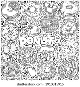 Black and white hand-drawn set of Donuts theme - items, objects and symbols. Pastry for menu design, cafe decoration and delivery box glazed cover. Vector illustration isolated on white background