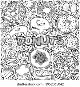 Black and white hand-drawn set of Donuts theme - items, objects and symbols. Pastry for menu design, cafe decoration and delivery box glazed cover. Vector illustration