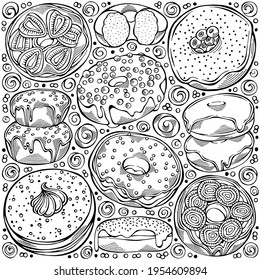 Black and white hand-drawn set of Donuts theme - items, objects and symbols. Pastry for menu design, cafe decoration and delivery box glazed cover. Vector illustration