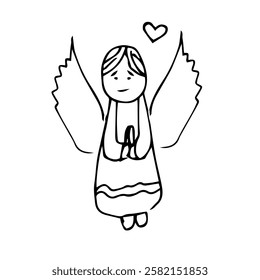 A black and white hand-drawn sketch of an angel with wings, hands in prayer, and a heart above, symbolizing faith, love, and spirituality.  