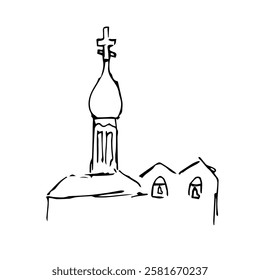 A black and white hand-drawn sketch of an Orthodox church with a distinctive onion dome and cross, symbolizing faith and tradition.  