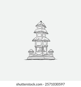 A black and white hand-drawn sketch of a picturesque pagoda-style temple with intricate details, embodying cultural and architectural heritage. Perfect for illustrations, historical concepts