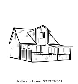 A black and white hand-drawn sketch of a traditional Scandinavian wooden house with a courtyard, veranda and mezzanine