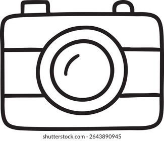 A black and white, hand-drawn style illustration of a camera, featuring a lens and basic rectangular shape.