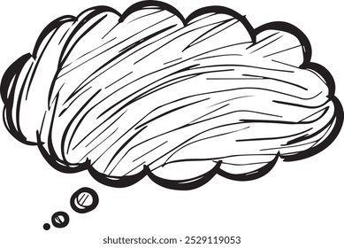 black and white hand-drawn thought bubble with diagonal lines inside which could be used for comic books or educational posters.