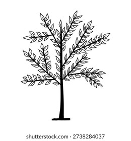 Black and white hand-drawn tree with long branches and detailed leaves.