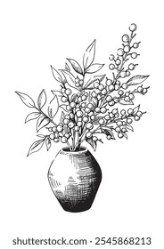 Black and white hand-drawn vector botanical illustration of nuts in a vase with branches and leaves