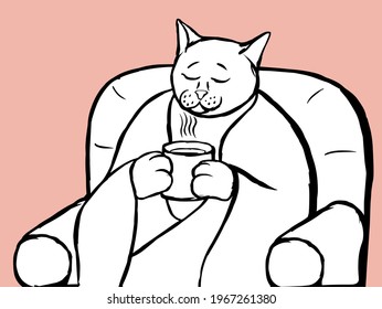 Black and white hand-drawn vector illustration of a relaxing cat onder a plaid in a chair with a cup of hot tea(or coffee)