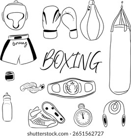 Ilustração de vetor desenhado à mão preto e branco de vários equipamentos de boxe. Inclui luvas, sacos de perfuração, chapelaria, boxing shorts, sapatos, cronômetro, garrafa de água, protetor de boca, fita, corda de salto