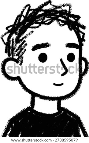 Black and white hand-drawn vector illustration of a young man's head and shoulders, rendered in a casual, crayon-like scribble art style