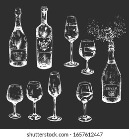 Black and white hand-drawn wine set with glasses full and empty, bottles